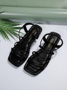 女士結飾露跟露跟涼鞋，優雅夏季平底涼鞋 - 黑色 - 查看 2