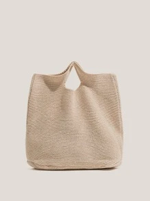 女士復古針織單肩包,大容量滌綸手提包帶雙把手辦公和旅行 - 杏色 - 查看 1