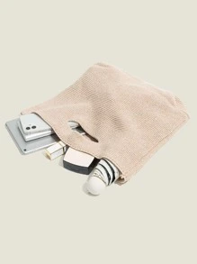 女士復古針織單肩包,大容量滌綸手提包帶雙把手辦公和旅行 - 杏色 - 查看 4