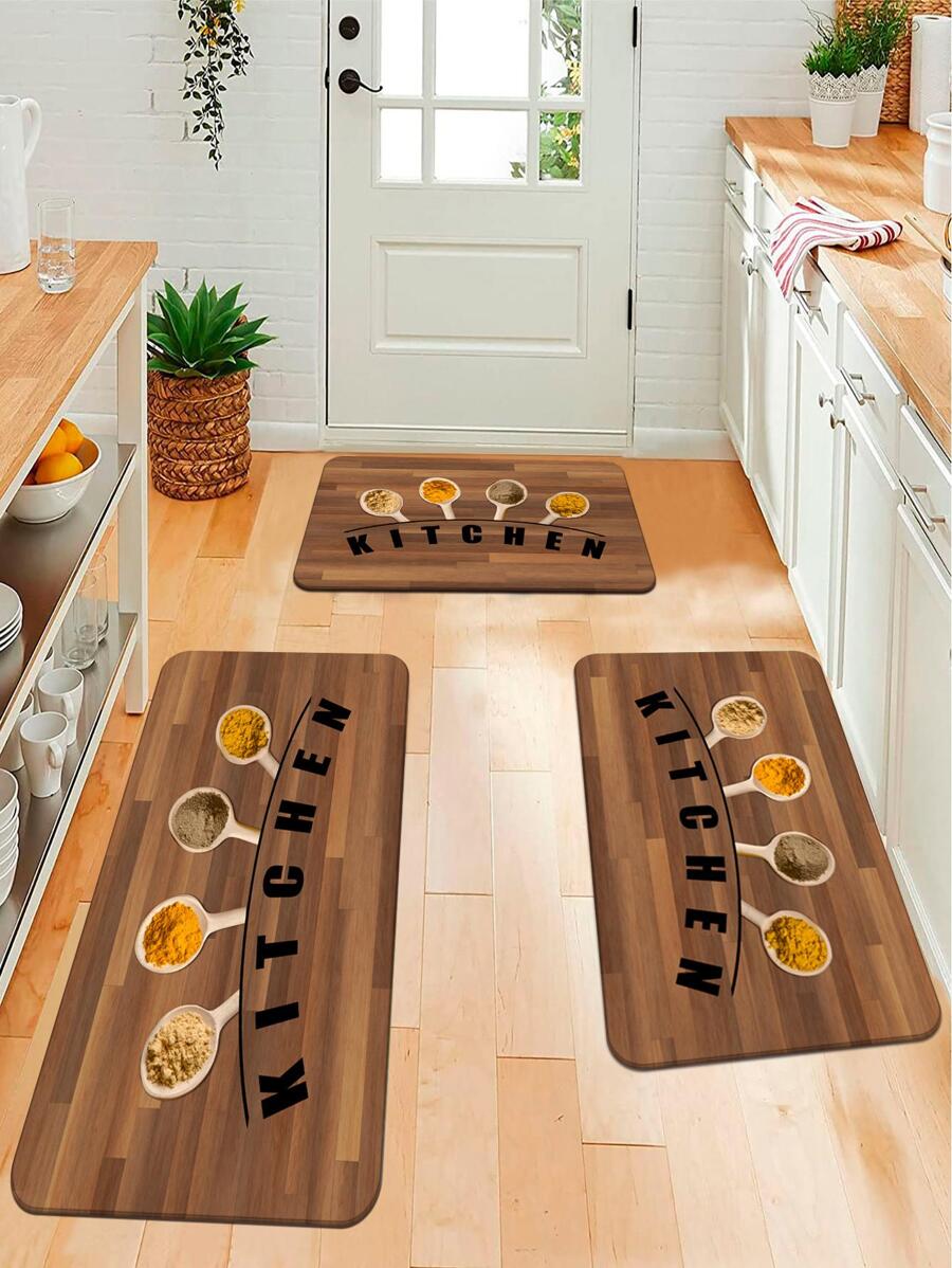 1入組調味料和字母圖形防滑廚房地毯，廚房用滌綸廚房墊 - 彩色 - 查看 1