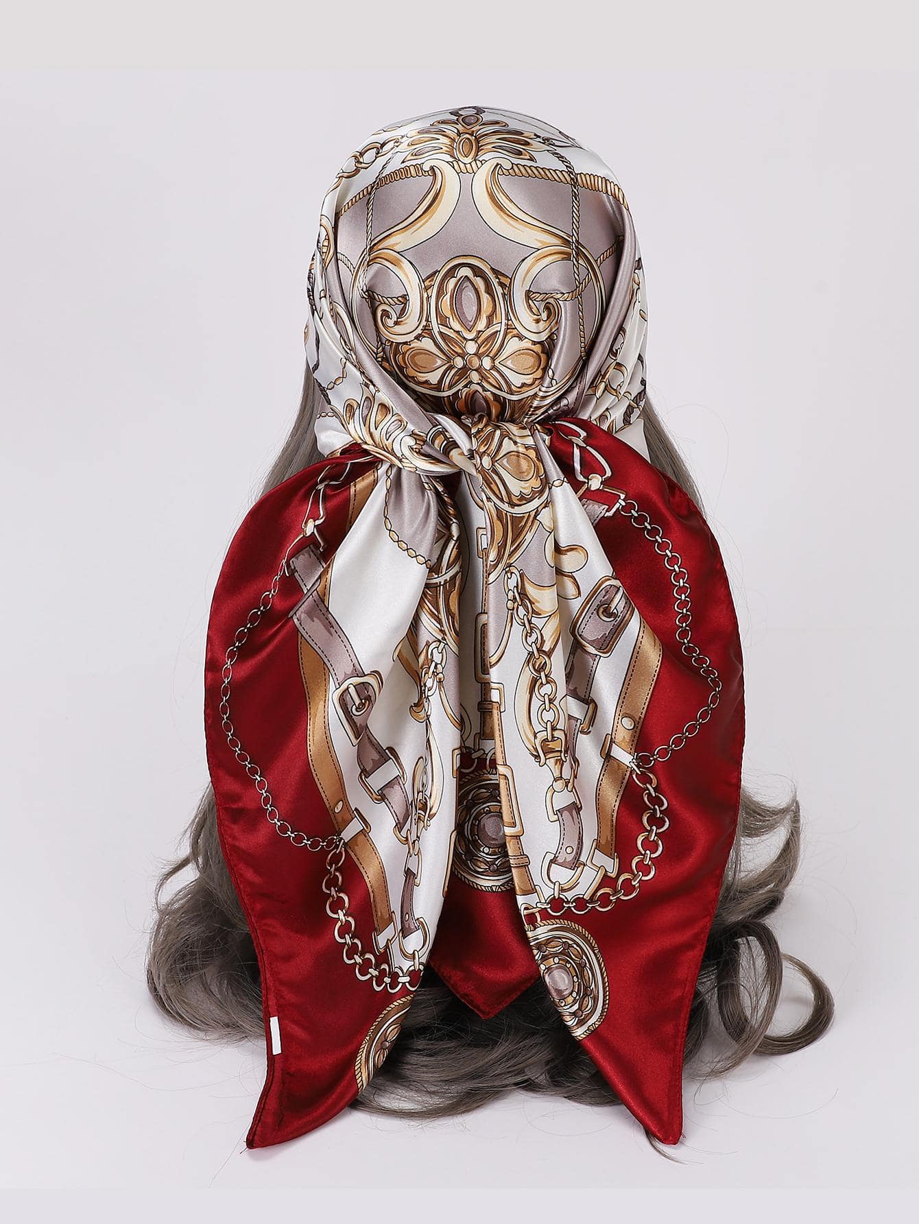 1入組女性鏈條和捲形花紋波西m亞方巾適用於禮品 - 紅色 - 查看 1