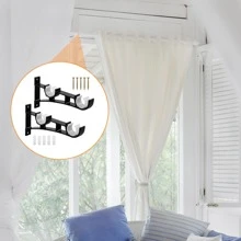 2 Pcs Curtain Rod Brackets Set Double Curtain Rod Holder Hooks Heavy Duty Curtain Pole Bracket Holders Metal Curtain Rod Support with Screw for Curtain Poles Wall Clothes Rod Black, Hold Up to 50kg - Black - View 7