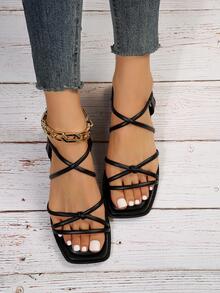 女士結飾露跟露跟涼鞋，優雅夏季平底涼鞋 - 黑色 - 查看 6