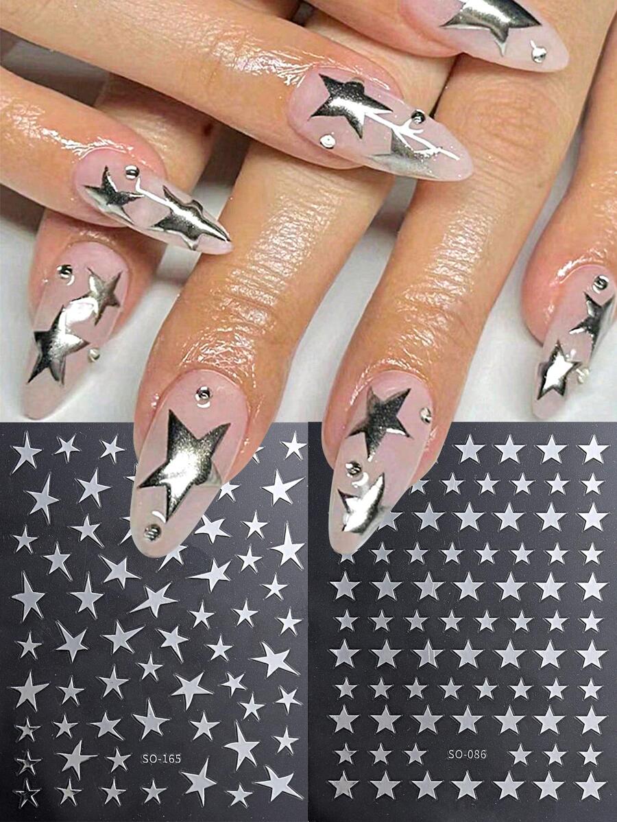 FULL BEAUTY 2 piezas Calcomanías decorativas de uñas en forma de estrella asimétrica de color plateado metálico, DIY