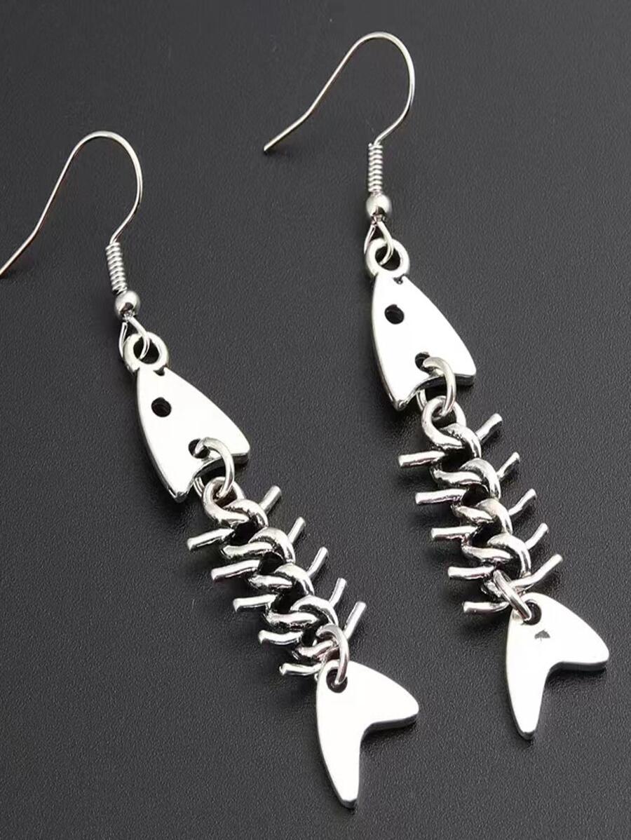 Pendientes largos hueso de pescado - Plateado - Ver 1
