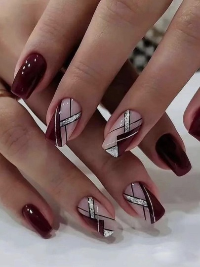 24入組短方形法式風格閃粉/菱形網格假指甲+1入組指甲文件+1入組果凍膠