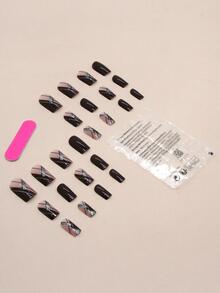 24入組短方形法式風格閃粉/菱形網格假指甲+1入組指甲文件+1入組果凍膠 - 彩色 - 查看 2