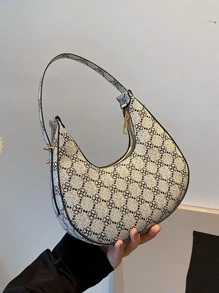 Mini Hobo Bag Clover Pattern Zipper Adjustable Strap PU Fashionable - White - View 1