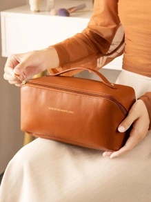 1pc Portable Cosmetic Bag With Letter Print - Brown - View 4