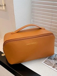 1pc Portable Cosmetic Bag With Letter Print - Brown - View 2