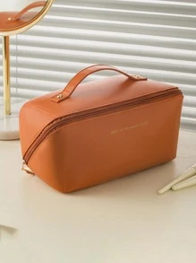 1pc Portable Cosmetic Bag With Letter Print - Brown - View 1