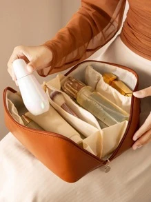 1pc Portable Cosmetic Bag With Letter Print - Brown - View 5