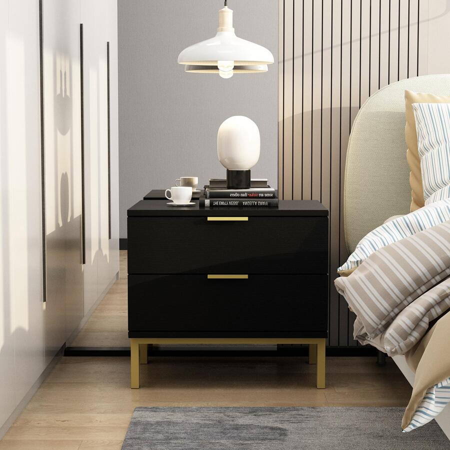 ECACAD Modern Nightstand With 2 Storage Drawers & Gold Metal Legs, Minimalist And Versatile Bedside Table Sofa End Side Table (19.7" L X 15.7" W X 17.9" H) - 黑色 - 查看 1