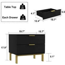 ECACAD Modern Nightstand With 2 Storage Drawers & Gold Metal Legs, Minimalist And Versatile Bedside Table Sofa End Side Table (19.7" L X 15.7" W X 17.9" H) - 黑色 - 查看 5