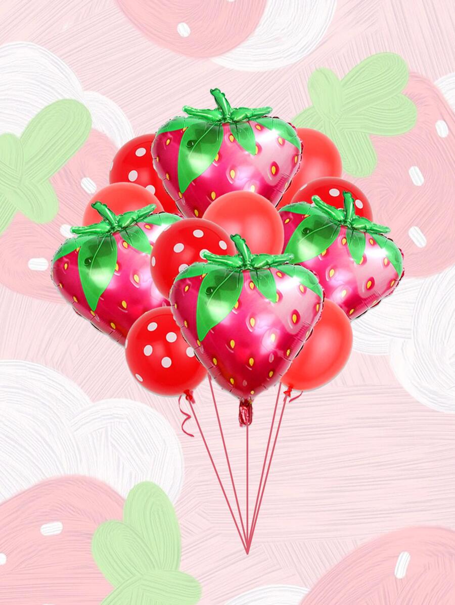 13pcs Strawberry Design Decorative Balloon, Red PE Glitter Balloon For Party,Christmas - Red - View 1