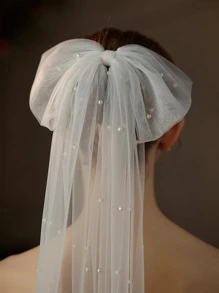 1 件仿珍珠装饰大蝴蝶结设计浪漫优雅新娘头带带面纱发夹 - 米色 - 查看 3