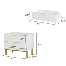 ECACAD Modern Nightstand With 2 Storage Drawers & Gold Metal Legs, Minimalist And Versatile Bedside Table Sofa End Side Table (19.7" L X 15.7" W X 17.9" H) - 白色 - 查看 5