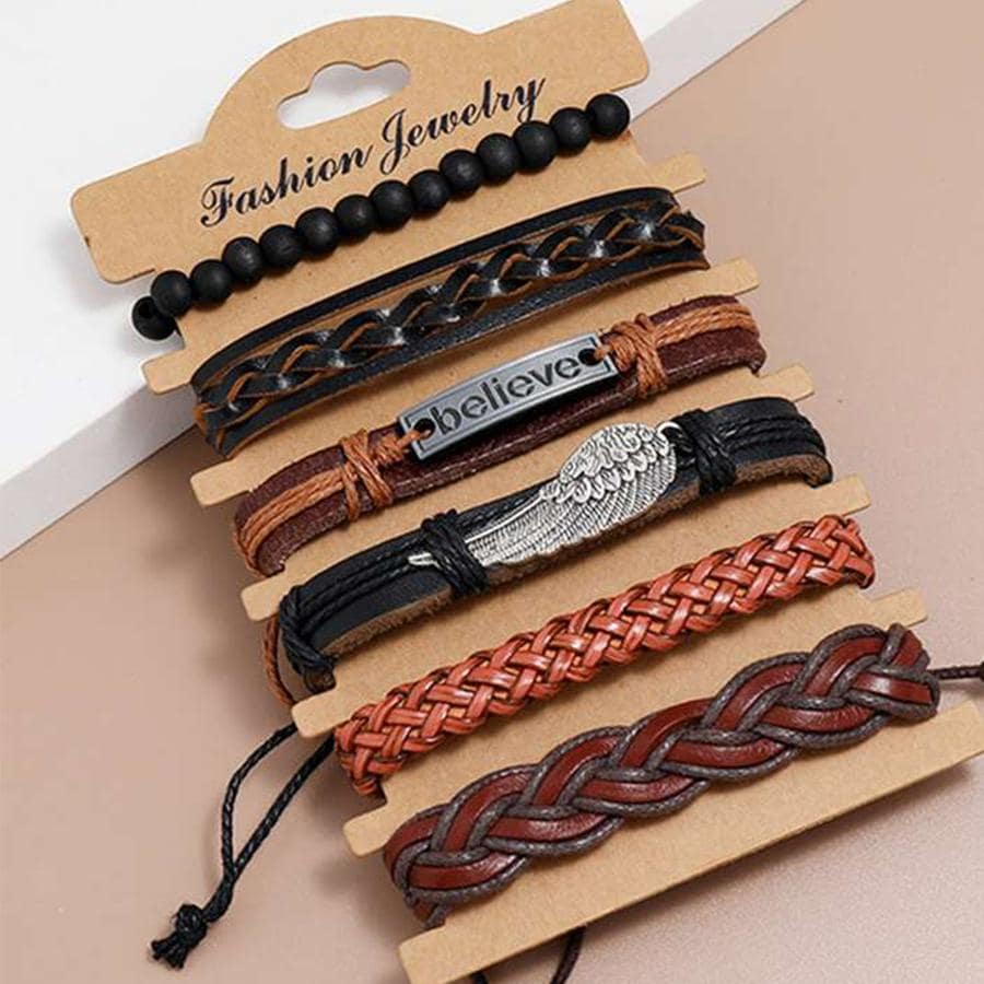 6pcs/set Men Braided Pu Leather Bracelet, For Jewelry Gift And Party
