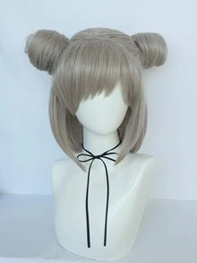合成耐熱纖維中長銀灰色雙蓬頭假髮,甜美可愛的直髮動漫cosplay假髮帶有劉海,適用於造型萬聖節派對和1個假髮帽 - 銀色 - 查看 4