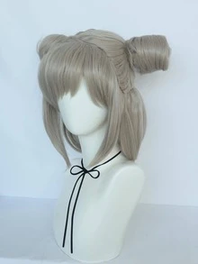 合成耐熱纖維中長銀灰色雙蓬頭假髮,甜美可愛的直髮動漫cosplay假髮帶有劉海,適用於造型萬聖節派對和1個假髮帽 - 銀色 - 查看 5