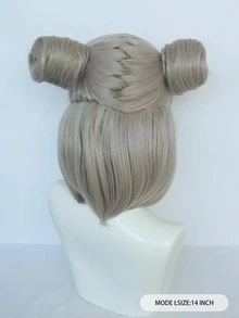 合成耐熱纖維中長銀灰色雙蓬頭假髮,甜美可愛的直髮動漫cosplay假髮帶有劉海,適用於造型萬聖節派對和1個假髮帽 - 銀色 - 查看 2