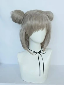 合成耐熱纖維中長銀灰色雙蓬頭假髮,甜美可愛的直髮動漫cosplay假髮帶有劉海,適用於造型萬聖節派對和1個假髮帽 - 銀色 - 查看 3