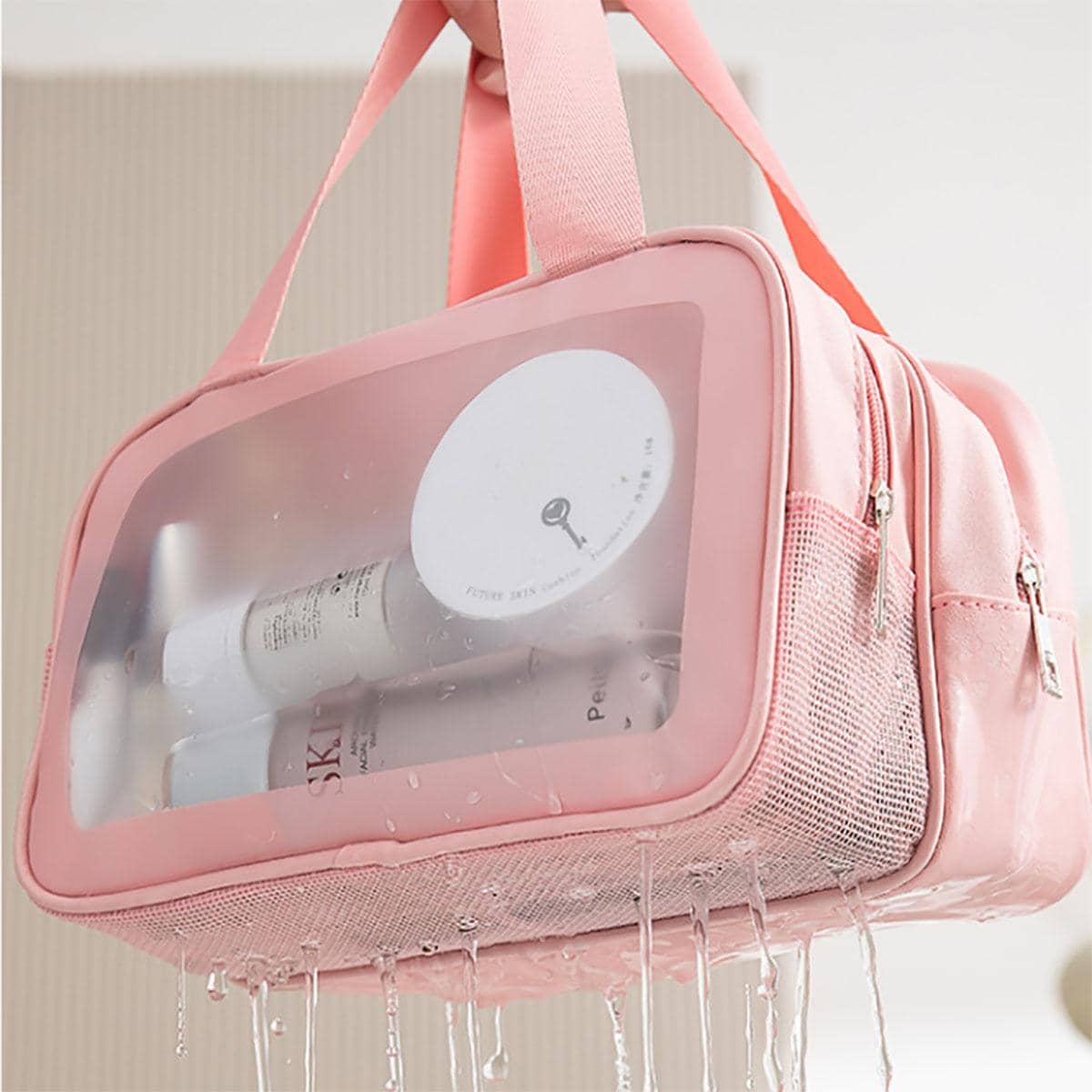 Túi đựng đồ vệ sinh cá nhân hai lớp màu hồng có ngăn khô/ướt, Túi đựng đồ trang điểm di động & đa chức năng, Túi đựng đồ bơi/chống thấm nước, 1 cái - Hồng - Xem 1