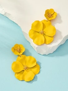 1pair Metal Asymmetrical Multilayer Flower Shaped Drop Earrings, Colorful, Great For Date Gifts Valentines,Mom,Mother,Mother's Day,Gift - Mustard Yellow - View 2