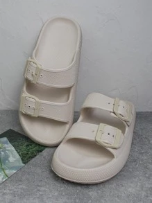 happy slides Women Anti-slip Buckle Decor Flat Sandals, Fashion Summer EVA Slide Sandals - Beige - View 2