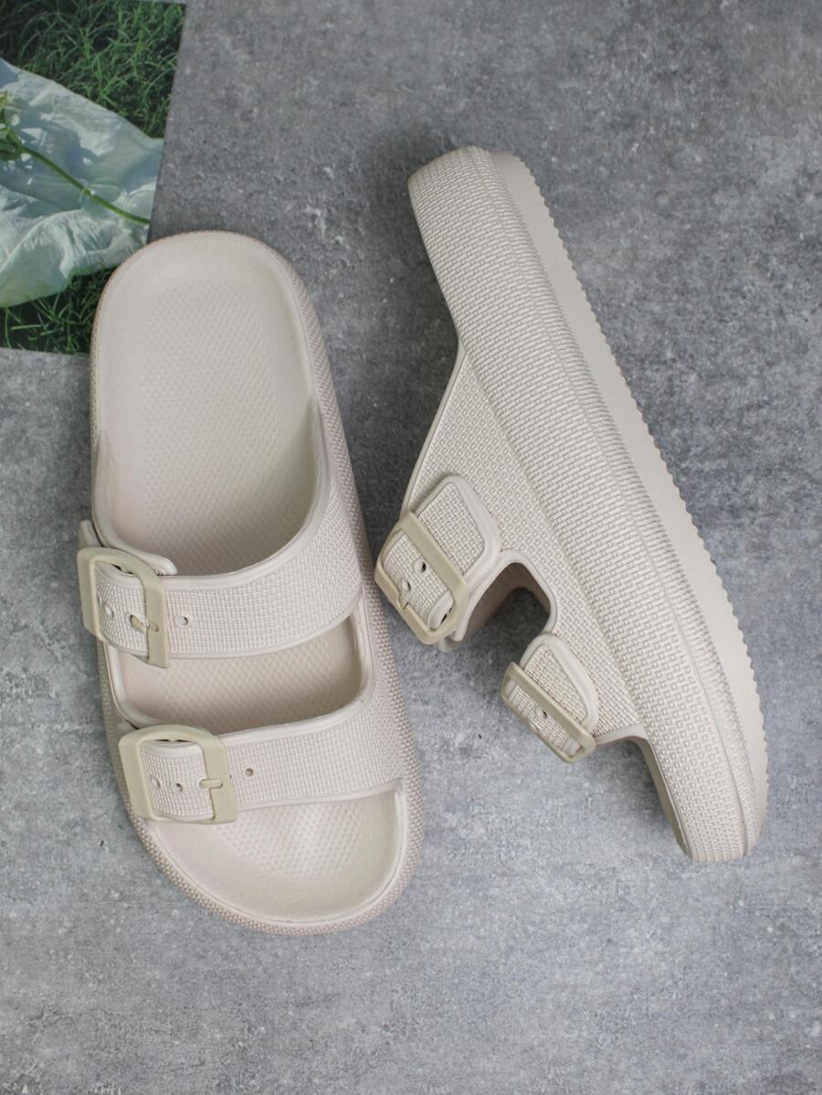 happy slides Women Anti-slip Buckle Decor Flat Sandals, Fashion Summer EVA Slide Sandals - Beige - View 1