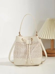 迷你草编包镂空抽绳顶部手柄 PU 面板度假便携，单个小钱包学院、中学、高中、返校、旅行、户外适合少女、在校学生、青少年复古、柔软、时尚、简约草编包 - 杏色 - 查看 2