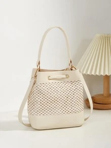 迷你草编包镂空抽绳顶部手柄 PU 面板度假便携，单个小钱包学院、中学、高中、返校、旅行、户外适合少女、在校学生、青少年复古、柔软、时尚、简约草编包 - 杏色 - 查看 4