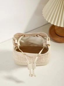 迷你草编包镂空抽绳顶部手柄 PU 面板度假便携，单个小钱包学院、中学、高中、返校、旅行、户外适合少女、在校学生、青少年复古、柔软、时尚、简约草编包 - 杏色 - 查看 3