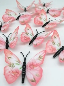 12入組/套塑料3D蝴蝶貼紙，花卉圖案居家裝飾創意蝴蝶貼紙