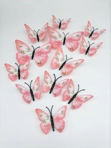 12入組/套塑料3D蝴蝶貼紙，花卉圖案居家裝飾創意蝴蝶貼紙