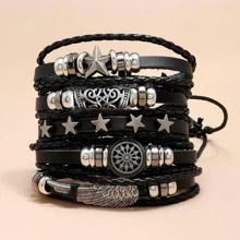 5Pcs Black Wing, Star, Geometric Shape Detail Pu Leather Men's Braided Bracelet For Daily Decoration