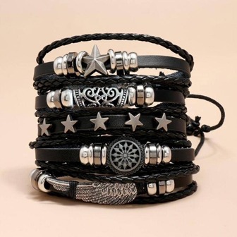 5 st. Svart Vinge , Stjärna , Geometrisk form Detalj PU Läder Herr Flätat Armband För daglig dekoration