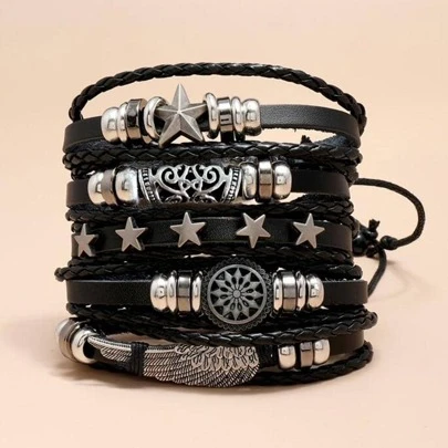 5 st. Svart Vinge , Stjärna , Geometrisk form Detalj PU Läder Herr Flätat Armband För daglig dekoration