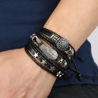 5Pcs Black Wing, Star, Geometric Shape Detail Pu Leather Men's Braided Bracelet For Daily Decoration