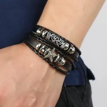 5Pcs Black Wing, Star, Geometric Shape Detail Pu Leather Men's Braided Bracelet For Daily Decoration
