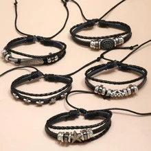 5Pcs Black Wing, Star, Geometric Shape Detail Pu Leather Men's Braided Bracelet For Daily Decoration