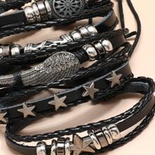 5Pcs Black Wing, Star, Geometric Shape Detail Pu Leather Men's Braided Bracelet For Daily Decoration
