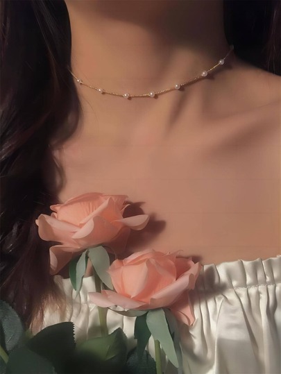 1 pieza Collar de perlas falsas, collar gargantilla delicado y pequeño para mujeres