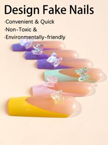 Nâng tầm phong cách của bạn với 24 chiếc Pháp Neon Dài Quan Tài Bướm Trang Trí Full Cover Giả Móng Tay Ấn Vào Móng Tay Bộ Dụng Cụ Làm Móng Tay - Nhiều màu - Xem 3