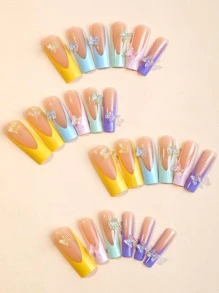 Nâng tầm phong cách của bạn với 24 chiếc Pháp Neon Dài Quan Tài Bướm Trang Trí Full Cover Giả Móng Tay Ấn Vào Móng Tay Bộ Dụng Cụ Làm Móng Tay - Nhiều màu - Xem 2