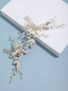 1pc Women Faux Pearl & Leaf Decor Fashion Bride Hair Comb For Wedding Party Elegant Tiaras Valentine's Day Accessories - Gold - View 4