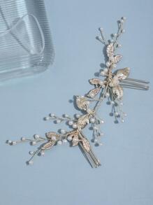 1pc Women Faux Pearl & Leaf Decor Fashion Bride Hair Comb For Wedding Party Elegant Tiaras Valentine's Day Accessories - Gold - View 2