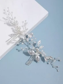 1 chiếc lược cài tóc đôi đơn giản trang trí lá và ngọc trai giả, kiểu dáng thời trang, thanh lịch, dùng hàng ngày, phong cách Boho, phụ kiện ngày Valentine, phụ kiện tóc cưới. - Bạc - Xem 5