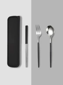 4入組帶盒不銹鋼餐具套裝，黑色便攜式家用餐具，戶外 - 黑與白 - 查看 1