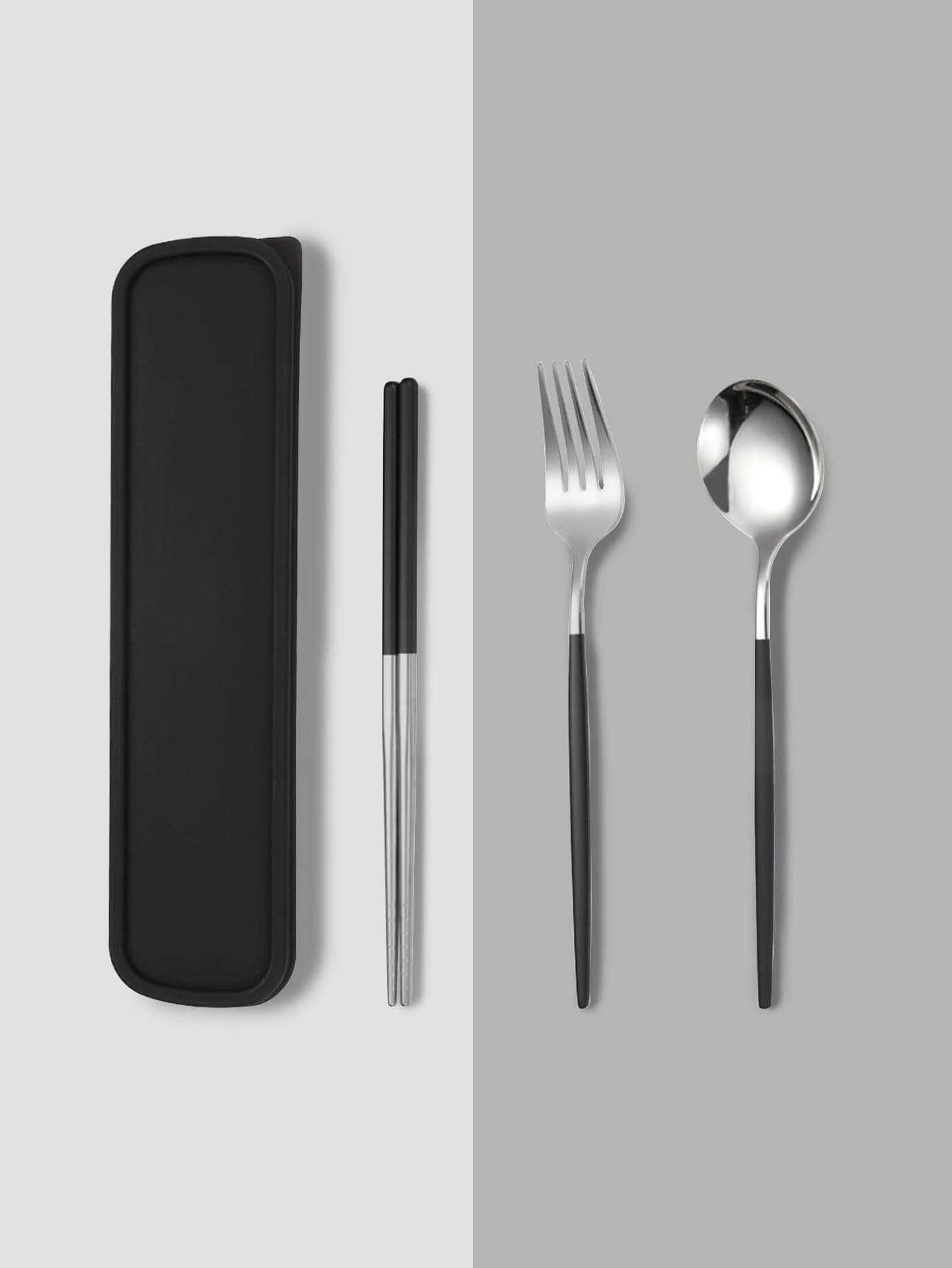 4入組帶盒不銹鋼餐具套裝，黑色便攜式家用餐具，戶外 - 黑與白 - 查看 1